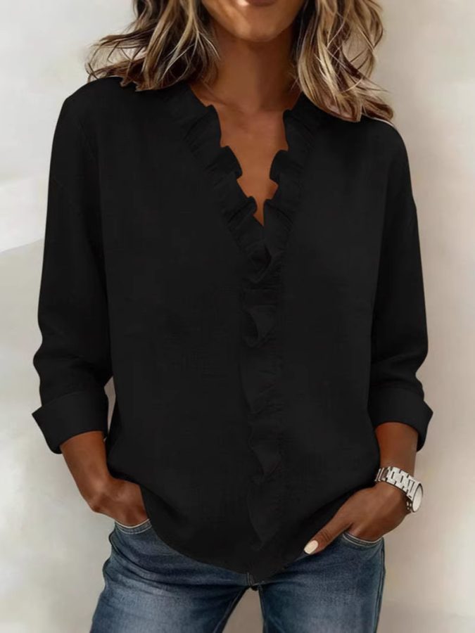 2026 European And American Spring Women's Ruffled Long-Sleeve Cotton Shirt
