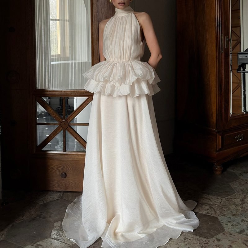 Long Ruffled Dress Sleeveless Stand Collar Solid Color Dress
