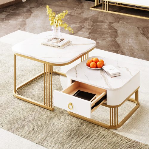 Nestable Coffee Table High Gloss Marble Exterior, Gold Accents, Side Table With Drawer. Set Of Two