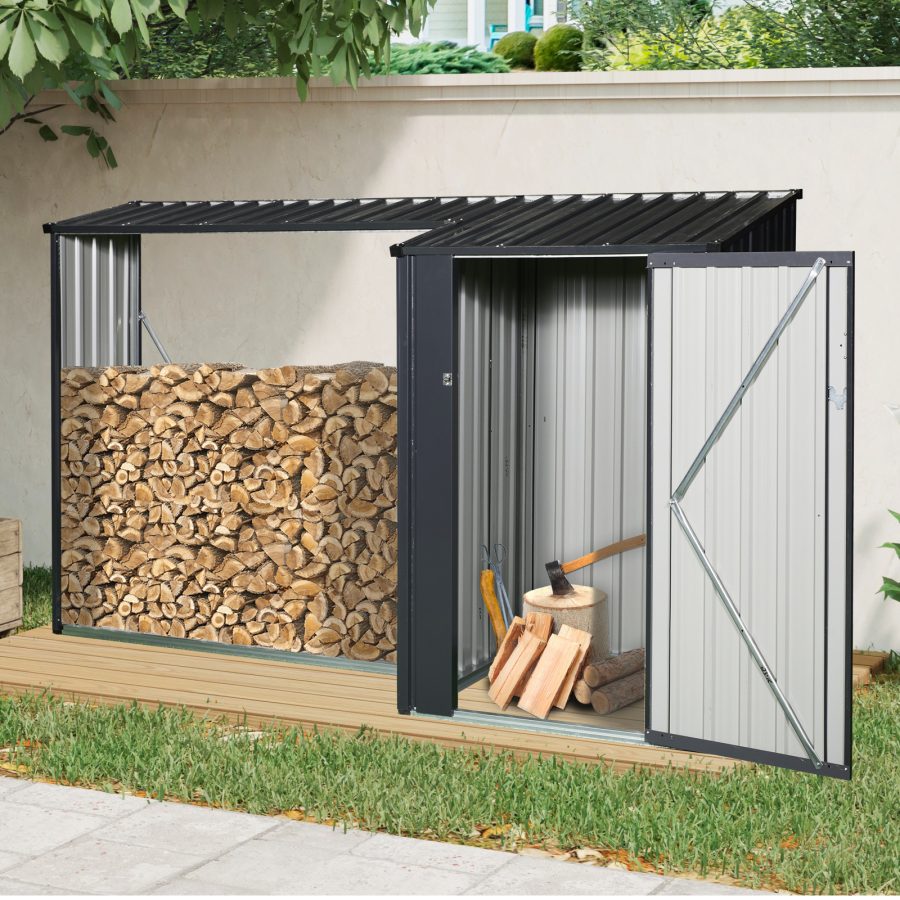 Outdoor Steel Firewood Rack And Metal Storage Shed,Two-In-One,Black Updated Version