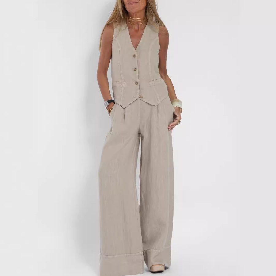 2026 European And American Cross-Border Hot-Selling New Fashion Vest And Pants Patchwork Cotton-Linen Casual Set