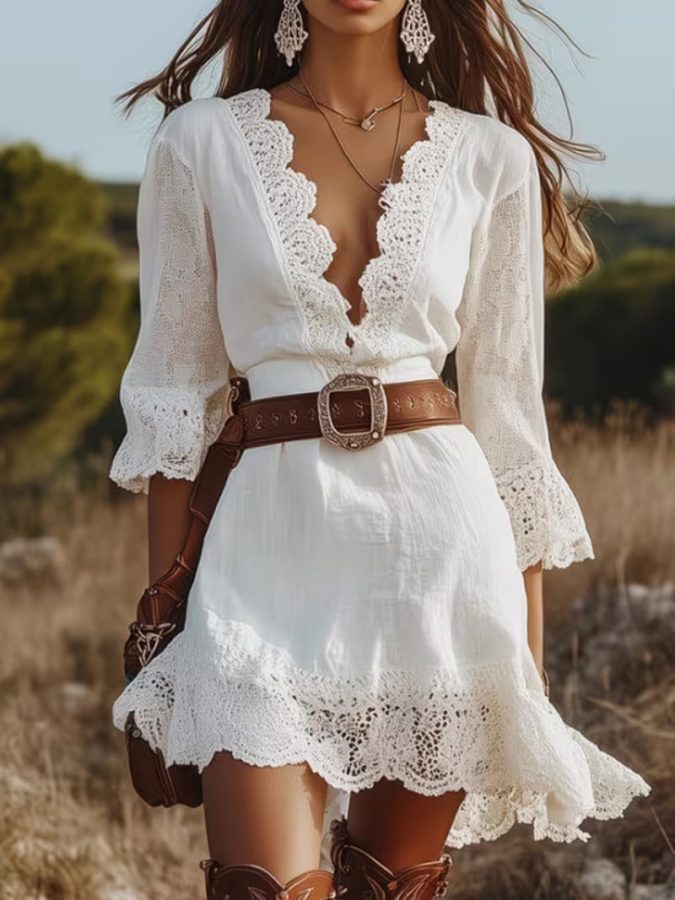2026 European And American Spring Summer New Women's Horn Sleeve V-neck Lace Lace Loose Dress Beltless