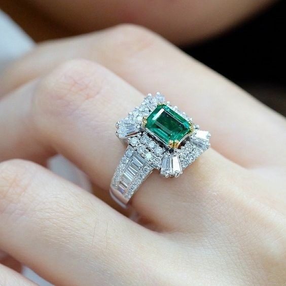 Square Princess Ring With Simulated Emerald Zircon, Micro Pave Full Stone Engagement Band