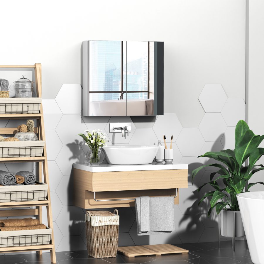 Kleankin Mirrored Medicine Cabinet 24x22 Steel Frame Wall-Mounted Double Doors White