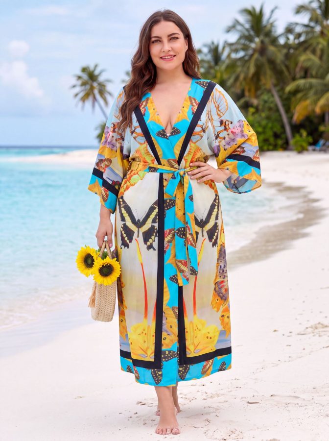 Women Kimono Cover Up Long Beach Dress Swimsuit Colorful Cardigan Lightweight Robe For Swimwear