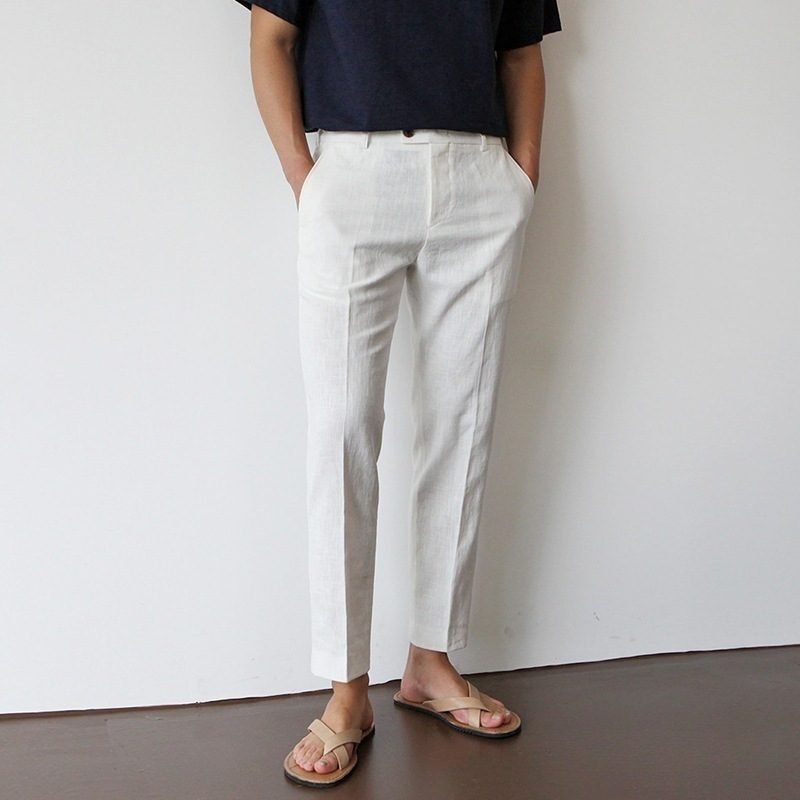 White For Men Cotton Fabric Cropped Linen Trousers