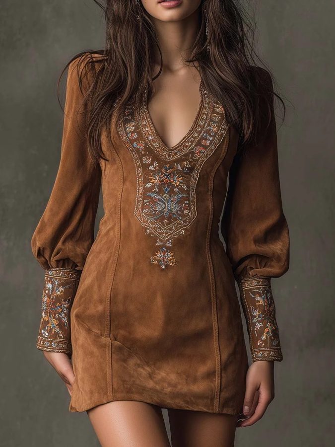 2026 Spring Summer New European And American Women's Long Sleeve V Neck Sexy Dress Embroidered Dress