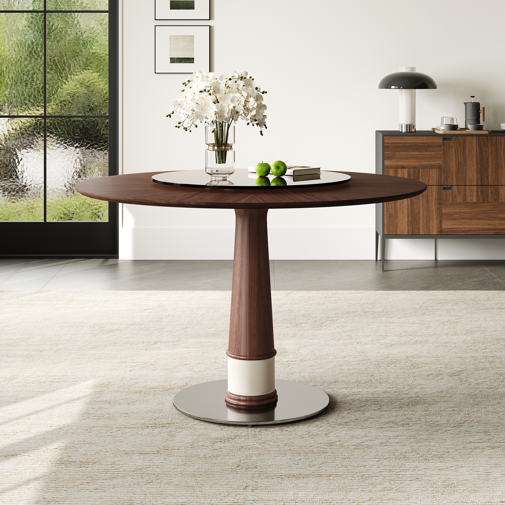 47 Inch Solid Wood Dining Table With 23 Inch Tempered Glass Lazy Susan  Stainless Steel Base Round Kitchen Table Retro Fashion Home Restaurant Office Table