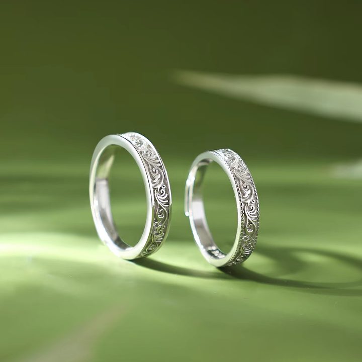 1 Pair 999 Sterling Silver Tang Grass Engraved Couple Rings, Retro Elegant Style, For Daily Wear & Valentine's Gifts