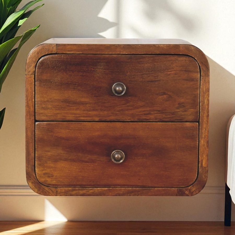 Solid Wood Floating Mini Chestnut Bedside, 2 Drawers, Dark Brown