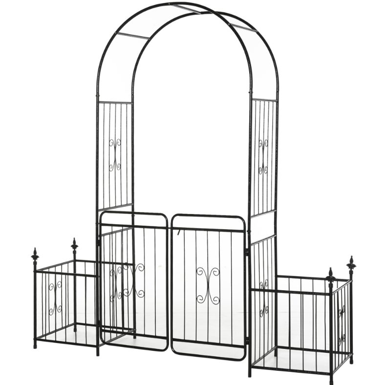 Romantic Archway 86 Metal Garden Arch With Planters For Climbing Vines, Black