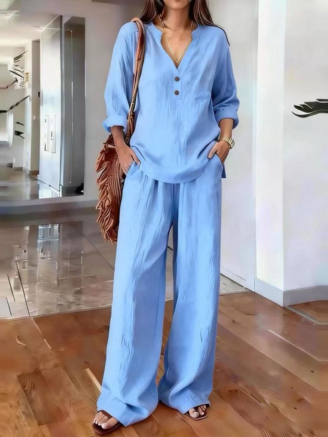 2026 Edition New Cross Border Women's Long Sleeved Solid Color Loose Fitting Casual Two Piece Set For Europe And America