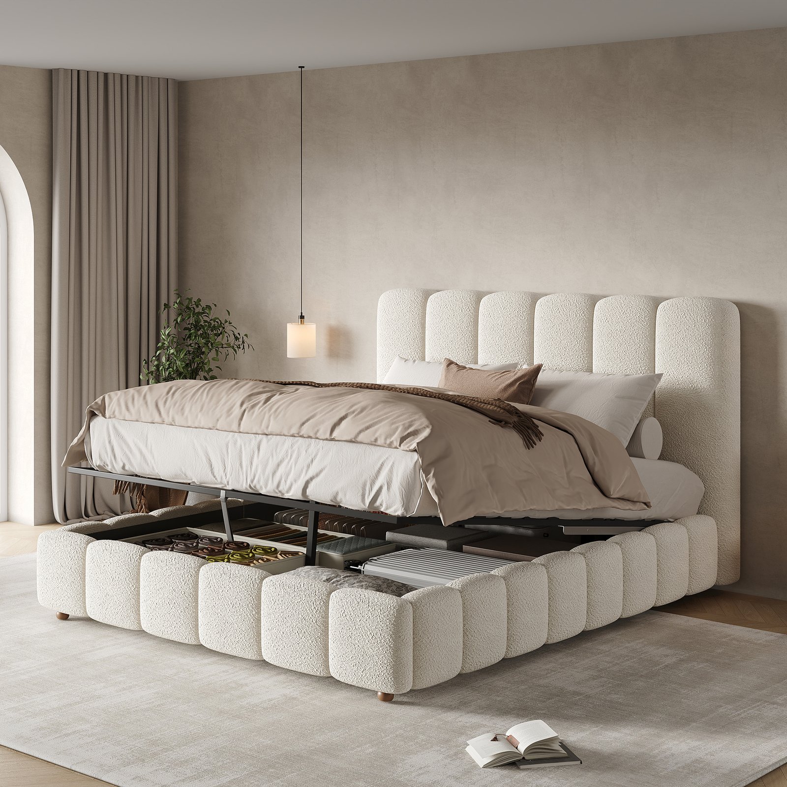 Upholstered Bed, Double Bed, 4ft6-135x190cm, Hydraulic Functional Bed, Bed With Slatted Frame, Headboard And Large Storage Space, Padded Headboard, White Boucle