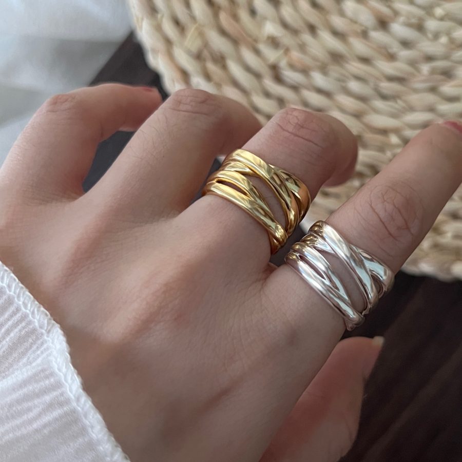 S925 Sterling Silver Heavy Craft Irregular Cross Line Ring, Multi-Layer Niche Silver Jewelry For Women, INS Style Band