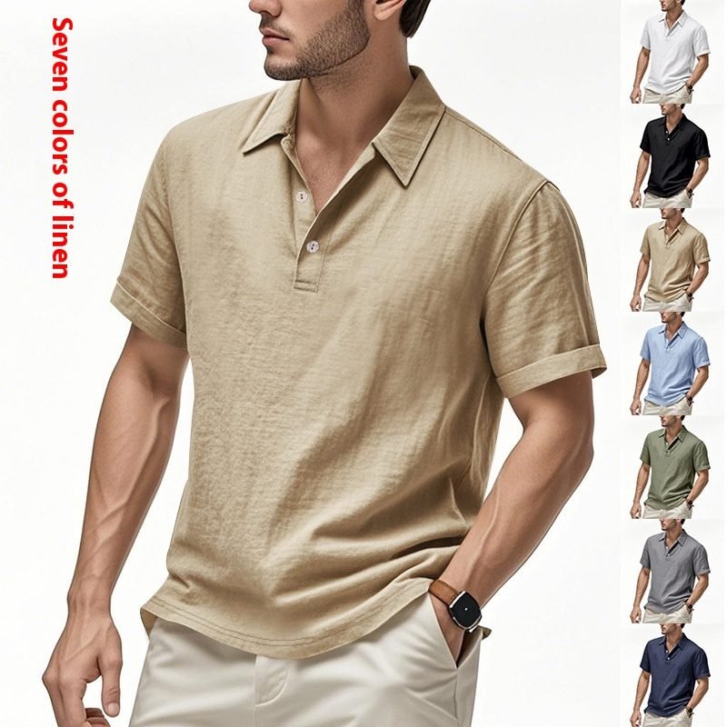 Men's British Casual Buckle Loose Linen Lapel Polo Shirt
