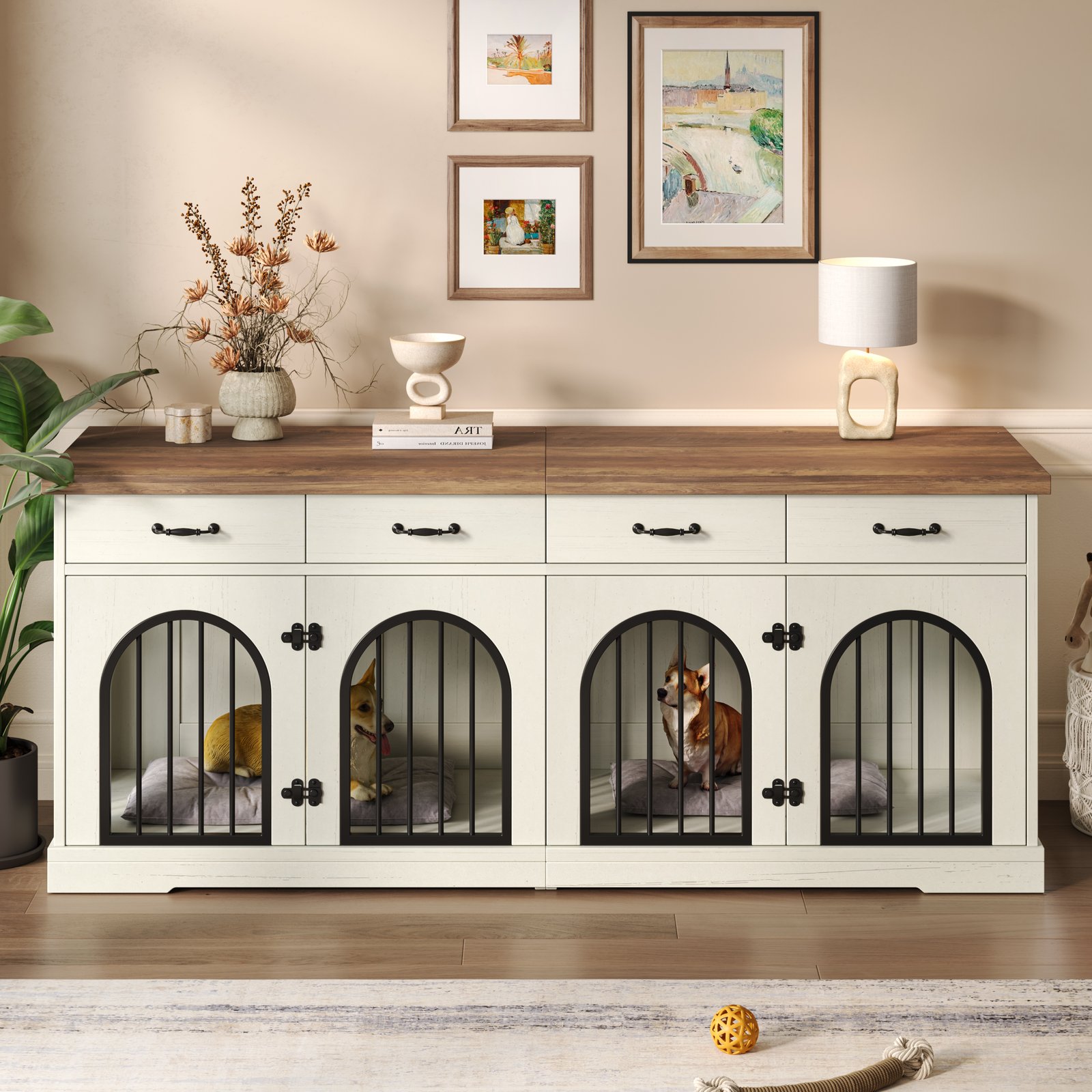 70.8 Large Dog Crate Furniture For 2 Dogs, Dog Kennel Indoor With Removable Divider Door And 4 Storage Drawers, End Table, Dog Crate TV Stand With 4 Doors For Medium Small Dogs, White And  Brown