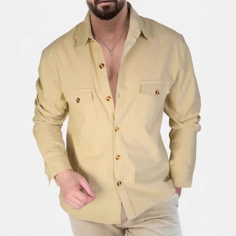 Casual Loose V-neck Solid Color Top Button Chest Pocket Shirt