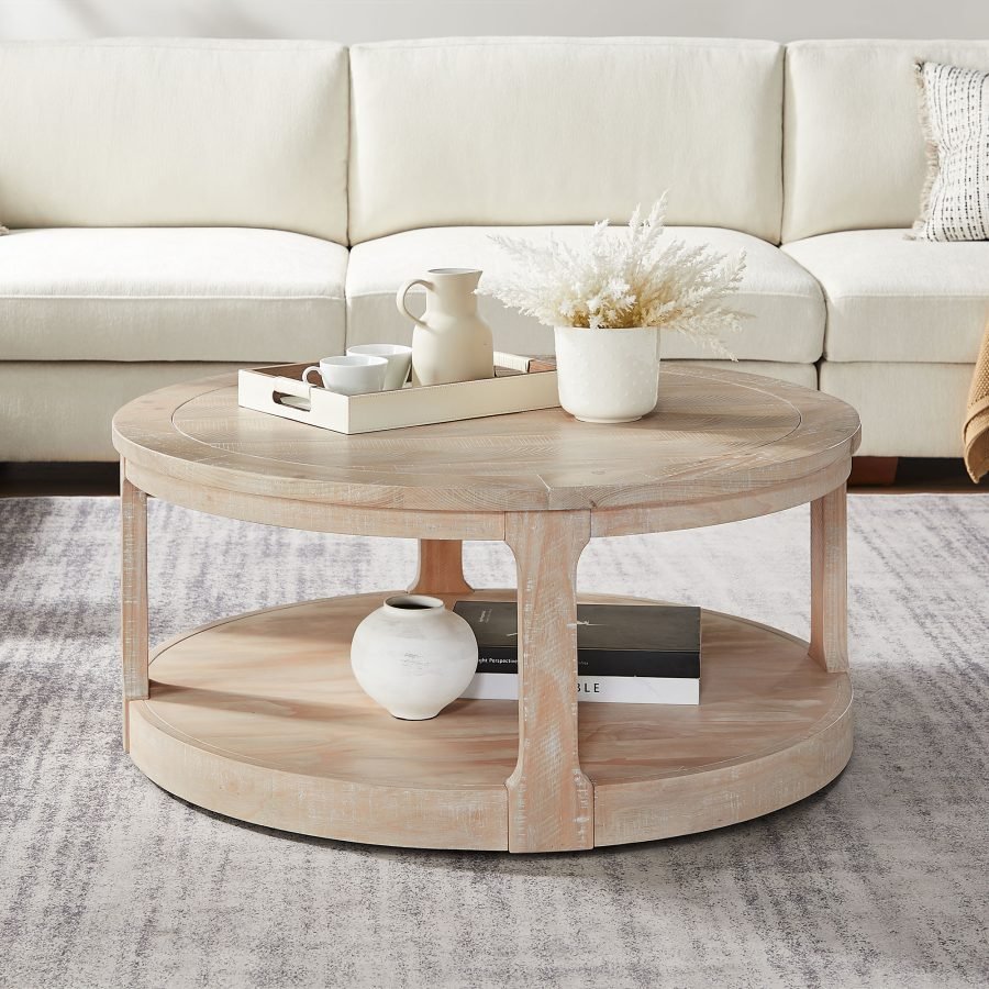 40inch Large Curved 2 Tier Traditional Round Circle Wooden Center Coffee Table,Rounded Table With Wheels,Mid Century Rustic Style Table For Living Room,Office,Apartment,OAK