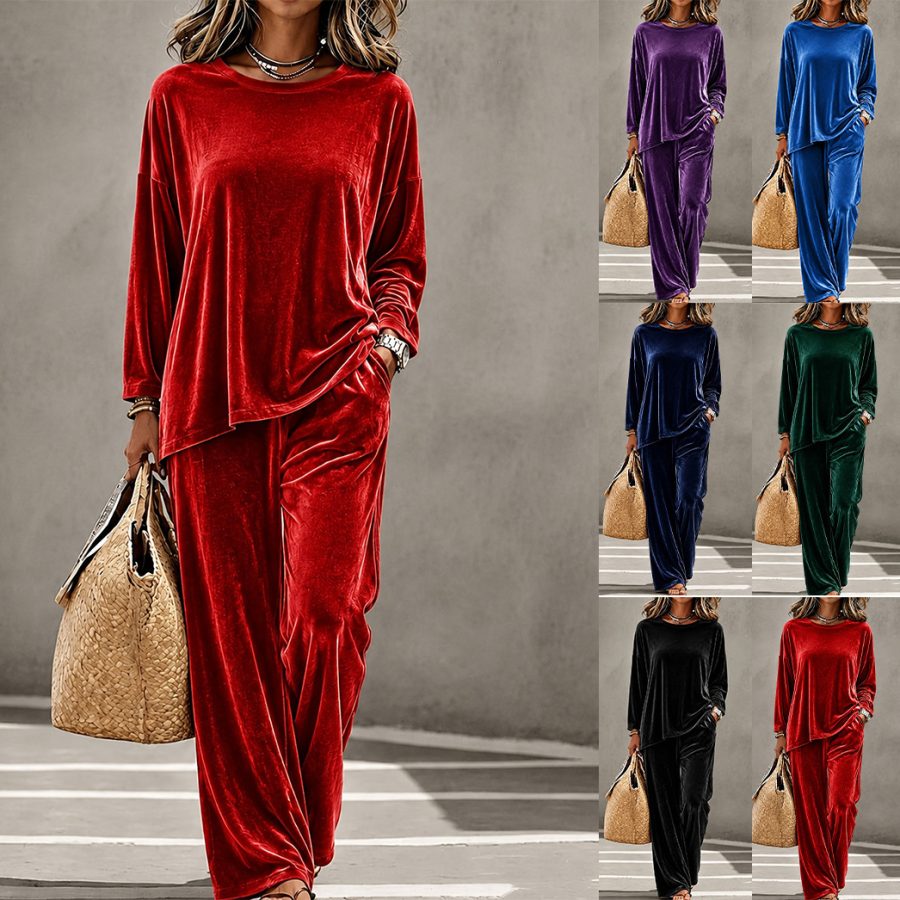 2026 New European And American Style Women's Fashion  Casual Round Neck Long Sleeve Pullover And Long Pants Velvet Set In Multiple Colors