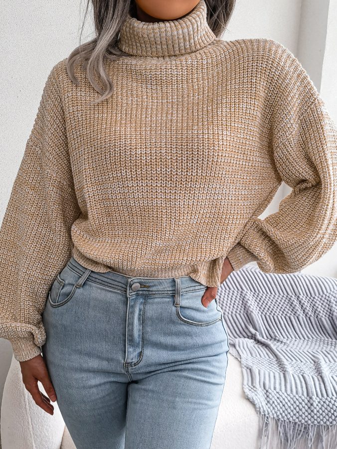 Women Mixed Color Lantern Sleeve Turtleneck Knit Sweater