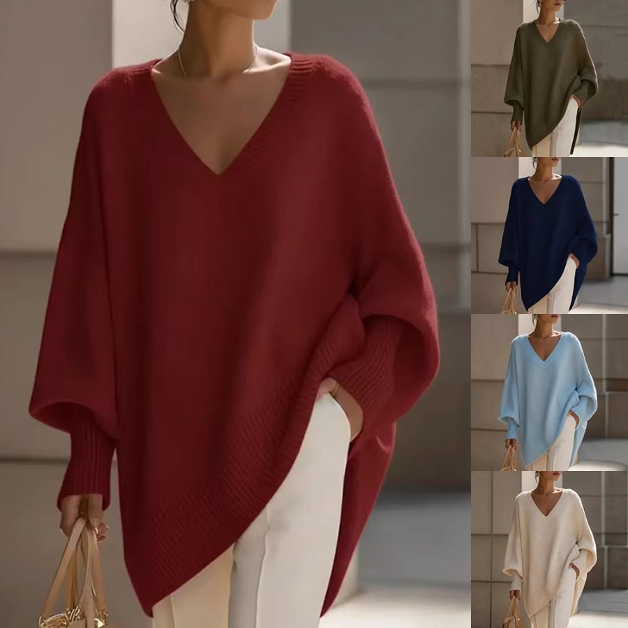 Loose V-Neck Sweater Solid Color Long Sleeve  Knitted Top Women's Casual Daily Wear Clothing