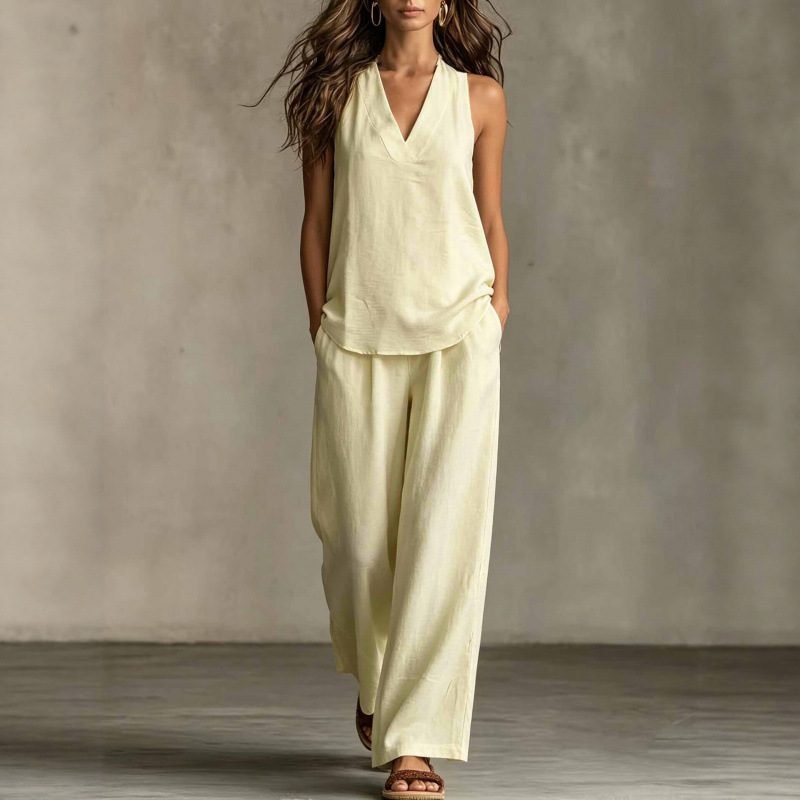 Amazon Cross-Border Independent Site Casual Vacation Cotton-Linen Style Multi-Color Multi-Size In-Stock Women's Set, Wrinkle-Free Polyester Fabric