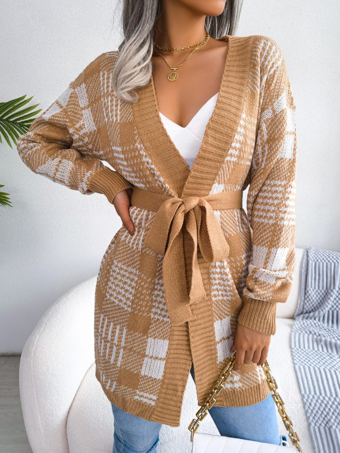 Women Plaid Tie Lantern Sleeve Casual Cardigan Sweater
