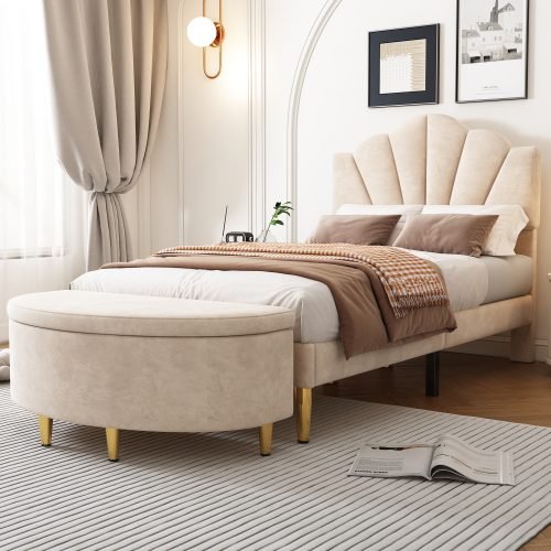 Velvet Upholstered Bed,Single Bed-3ft 90x190cm, Shell-like Bed With Golden Iron Legs, Wooden Slatted Frame, Upholstered Bench With Storage Space 90x40x42cm