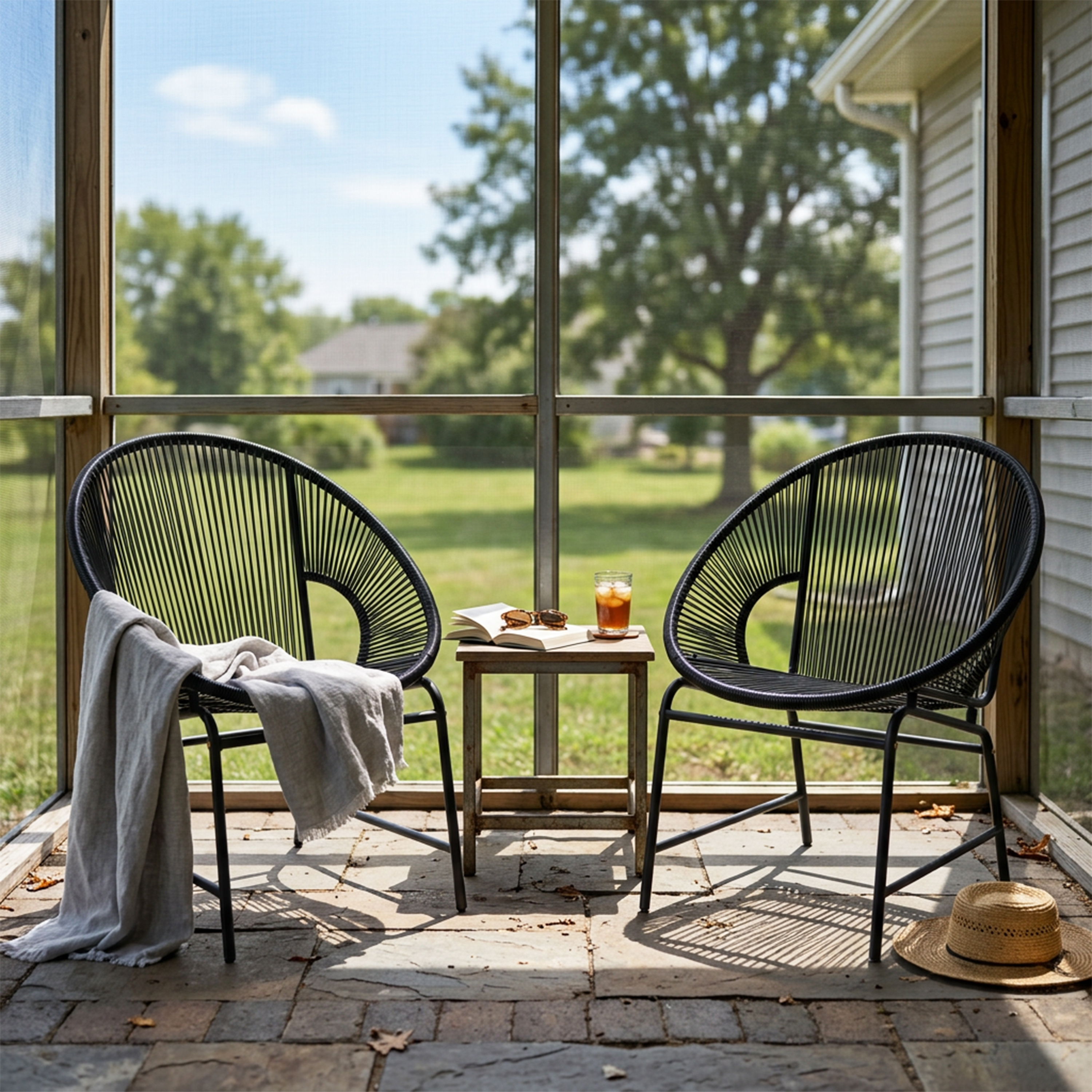 NUSA OUTDOOR PATIO WICKER CHAIR  BLACK PE RATTAN & IRON FRAME  SET OF 2