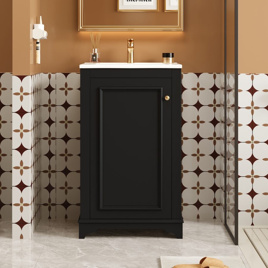 20-inch Bathroom Vanity With Ceramic Sink, Freestanding Single Vanity Set With Soft Closing Door, Adjustable Shelf, Modern Style, Black.