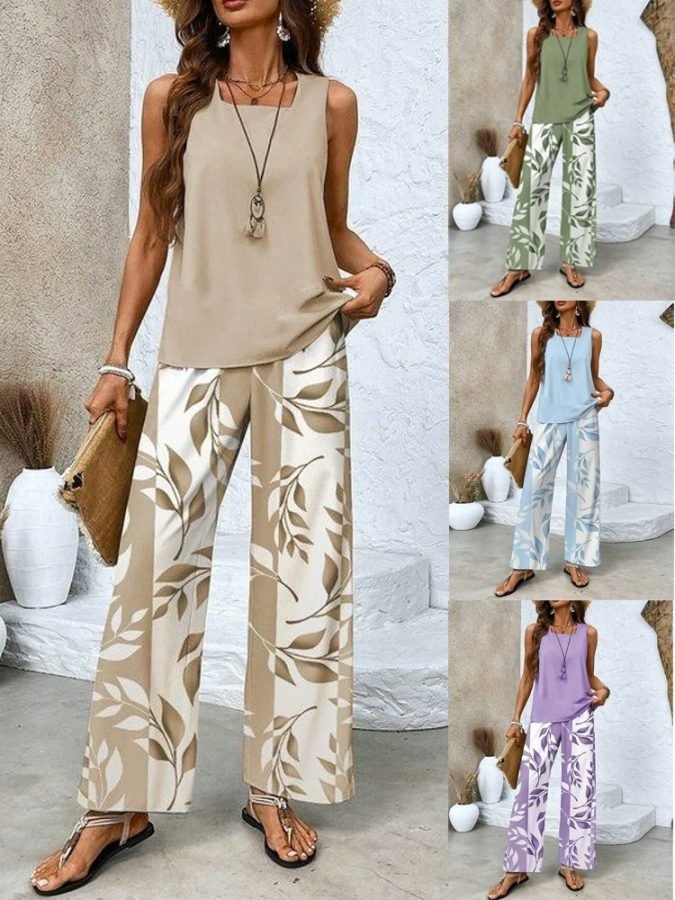 2026 New Women's Casual Square Collar Pullover Vest With Long Pants Digital Print Two Piece Set