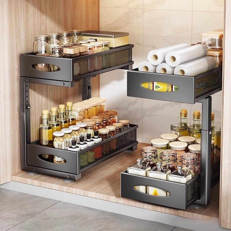Pull-out Double-layer Lath Drawer Kitchen Cabinet Spice Jar Pull-out Basket Retractable Storage Rack