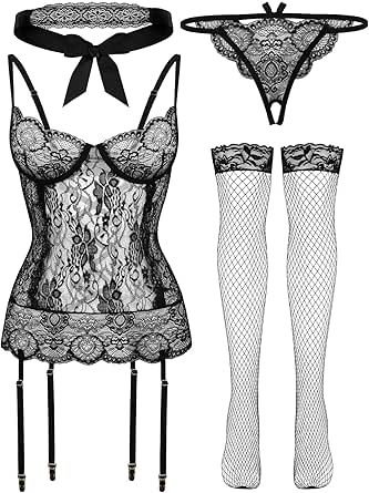 Sexy Lingerie Extreme Cosplay 4 Piece Lace Babydoll Sheer Lingerie Cosplay Etching Erotic Lingerie Fancy Dress Costume Thong Thong Stockings Black Lace Eye Mask Etching