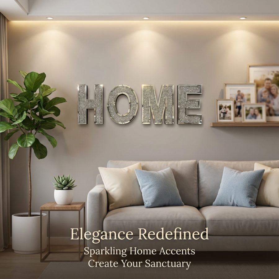 Crushed Diamond HOME Letter Wall Decor, Silver Sparkling Mirrored Alphabet Sign, Freestanding  Wall Mountable Glitter Home Ornament For Living Room Bedroom
