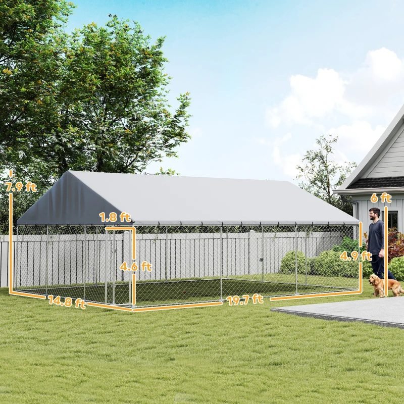 Heavy Duty Outdoor Dog Kennel With Waterproof Roof, 2 Secure Latches, Chain Link Dog Run For Backyard, 20' X 15' X 8',Multiple Packages