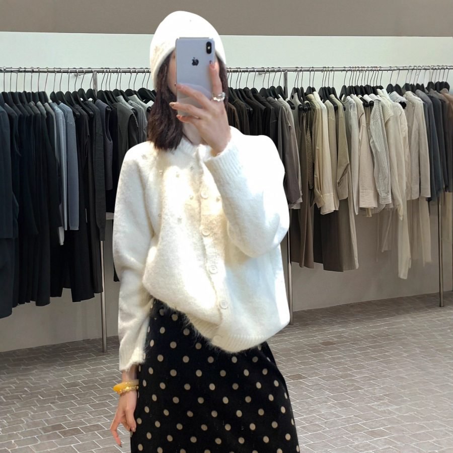 Women's Three-dimensional Pearl Sweater Cardigan Loose Knitted Coat