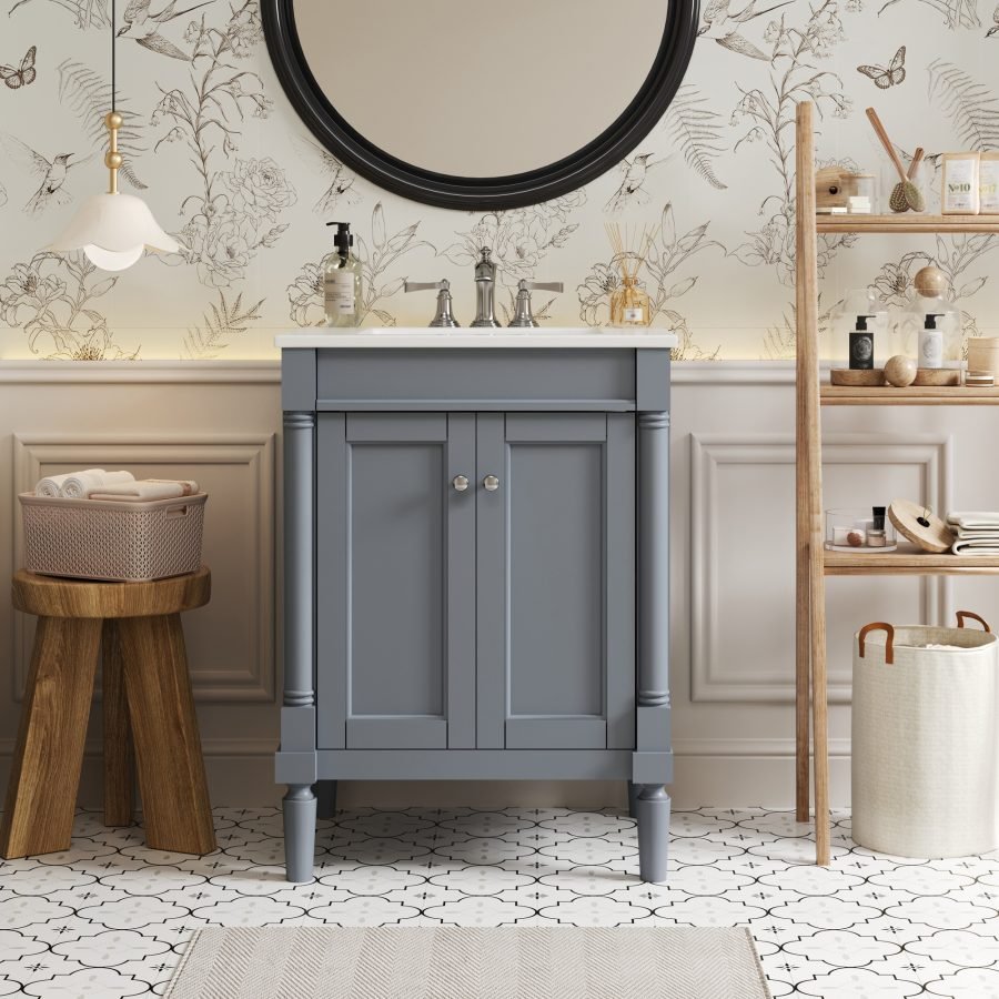 24'' Bathroom Vanity With Top Sink, 2-Tier Modern Bathroom Storage Cabinet, Single Sink Bathroom Vanity, Large Storage Shelves
