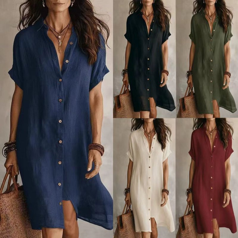 European And American Amazon Cross-Border New Style Shirt Dress, Fashionable Casual Solid Color Short-Sleeve Buttoned Mid-Length Dress