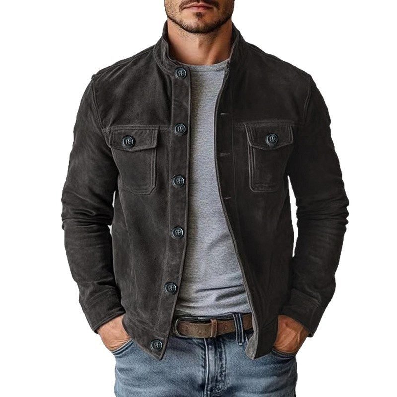 Men's Faux Suede Velvet Jacket Casual European Style Long Sleeve Outerwear Coat