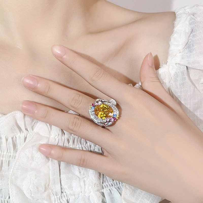 Exquisite Swirl Design Purple Amethyst Ring, Rainbow Gemstone Encrusted Cocktail Ring For Women