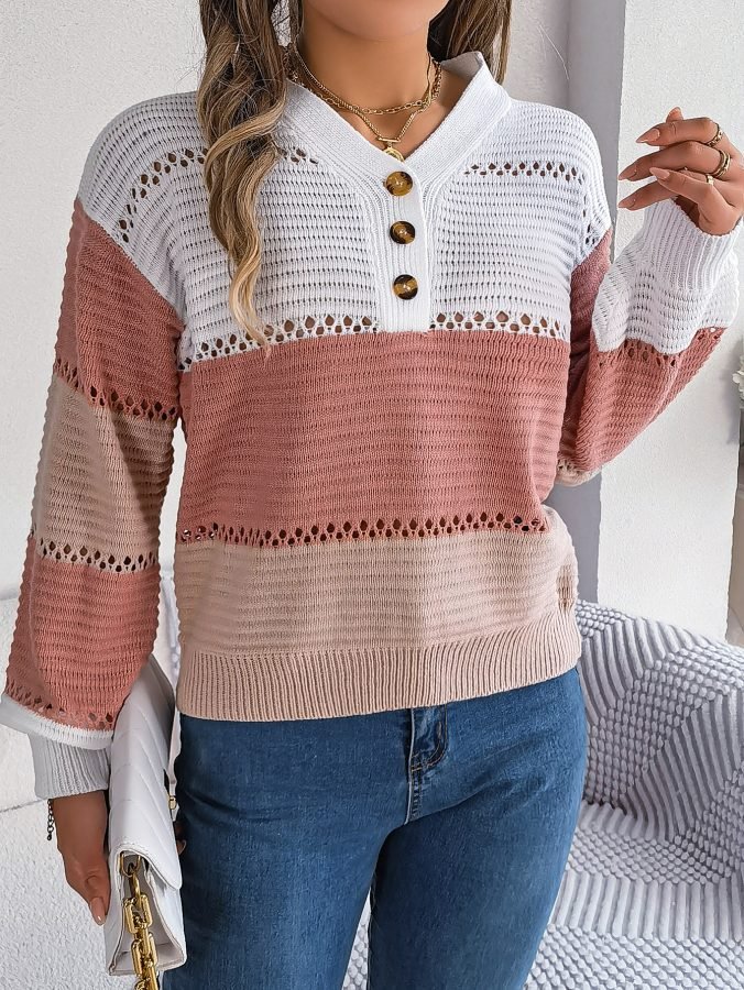 Women Casual Button V-Neck Hollow Out Color Block Lantern Sleeve Pullover Sweater
