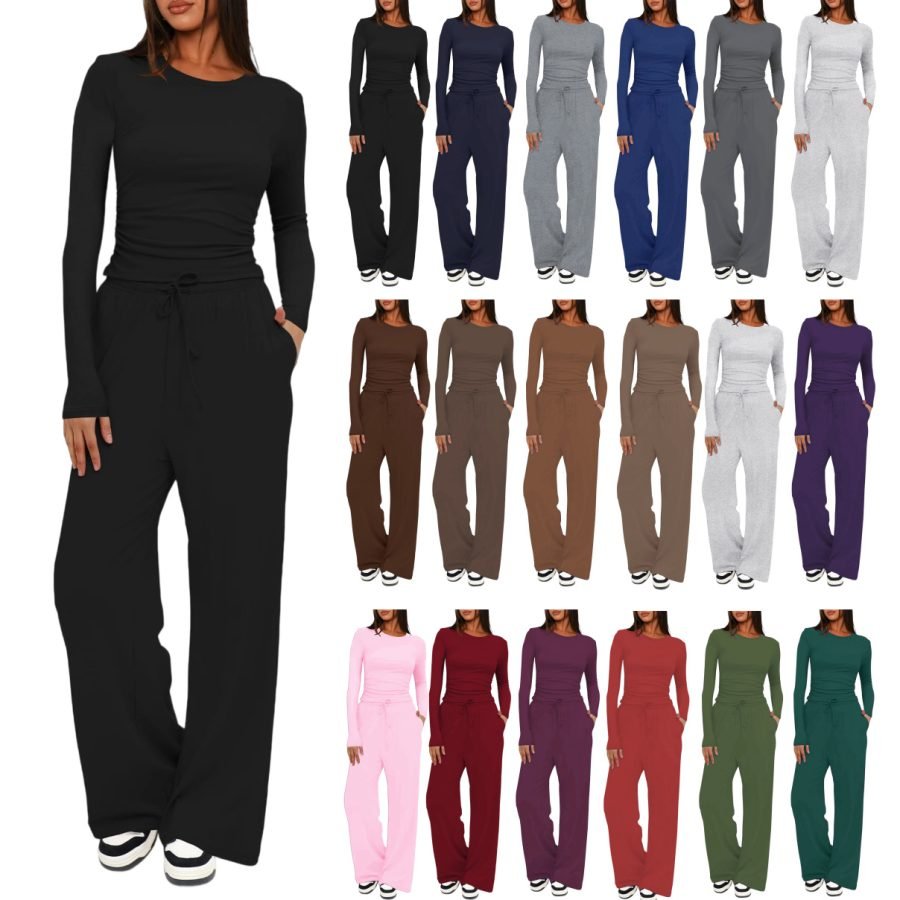 Trendy Solid 2 Piece Tracksuit, Women Casual Long Sleeve Top High Waist Wide Leg Pants Set