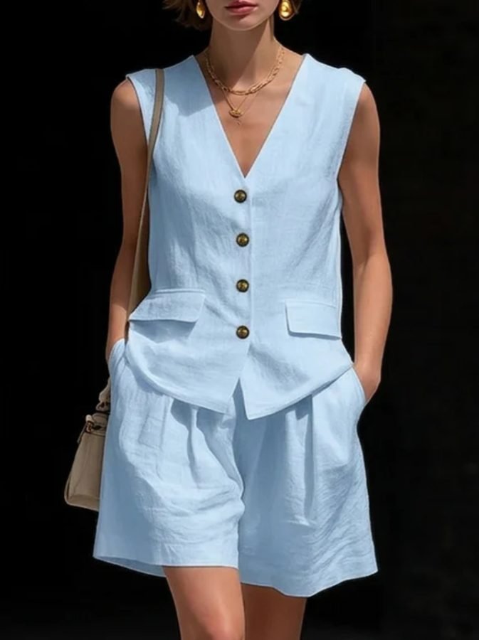European And American Cross-Border Amazon Independent Site New Style Women's Simple And Elegant Cotton And Linen Vest Plus Shorts Two-Piece Set