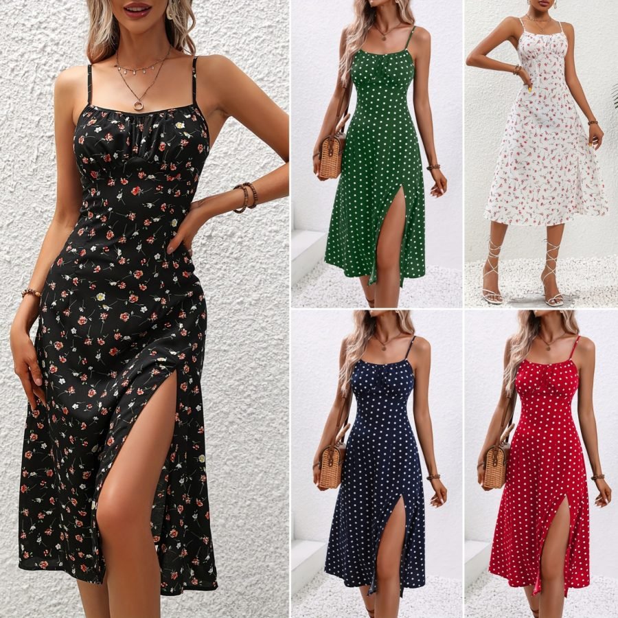 Trendy Women's Dress 2026 Summer New Style Cross-Border Foreign Trade European And American Amazon Sexy Spaghetti Strap Slit Floral Dress