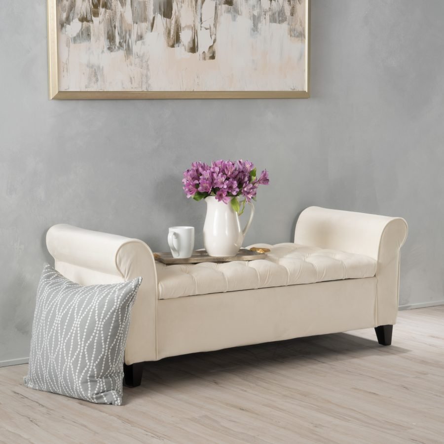 Lvory Fabric Storage Bench With Rolled Arms, 38 Seat Width,  Black Legs, Button Fabric Design, Living Room Bedroom Entryway Furniture