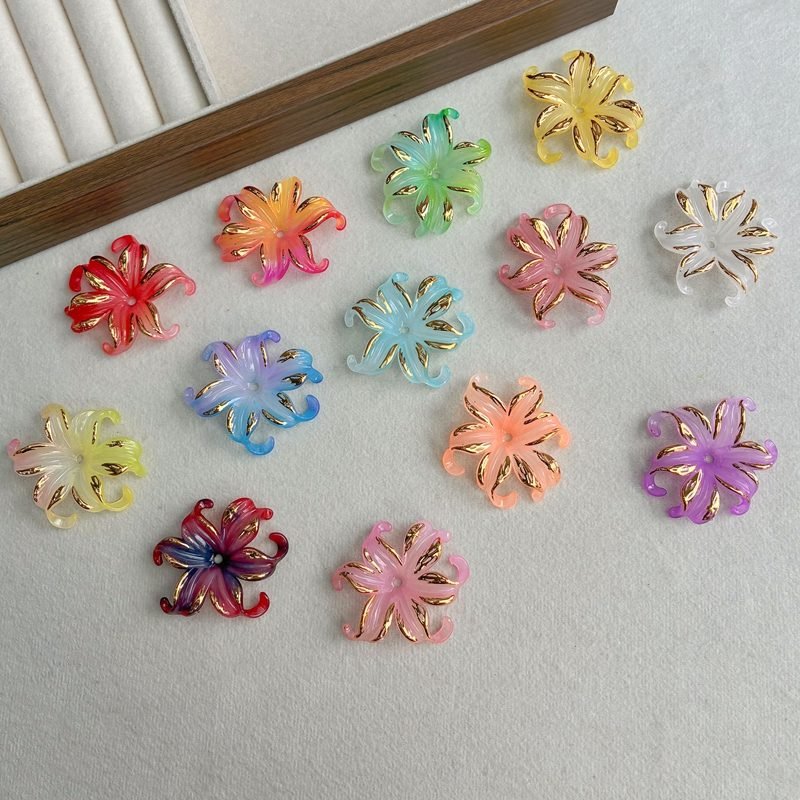 Two-Tone Gold-Trimmed Acrylic Iris Flower Charms, Curled Multi-Petal Center-Hole Bases For DIY Hanfu Hairpin Buyao & Jewelry Making.
