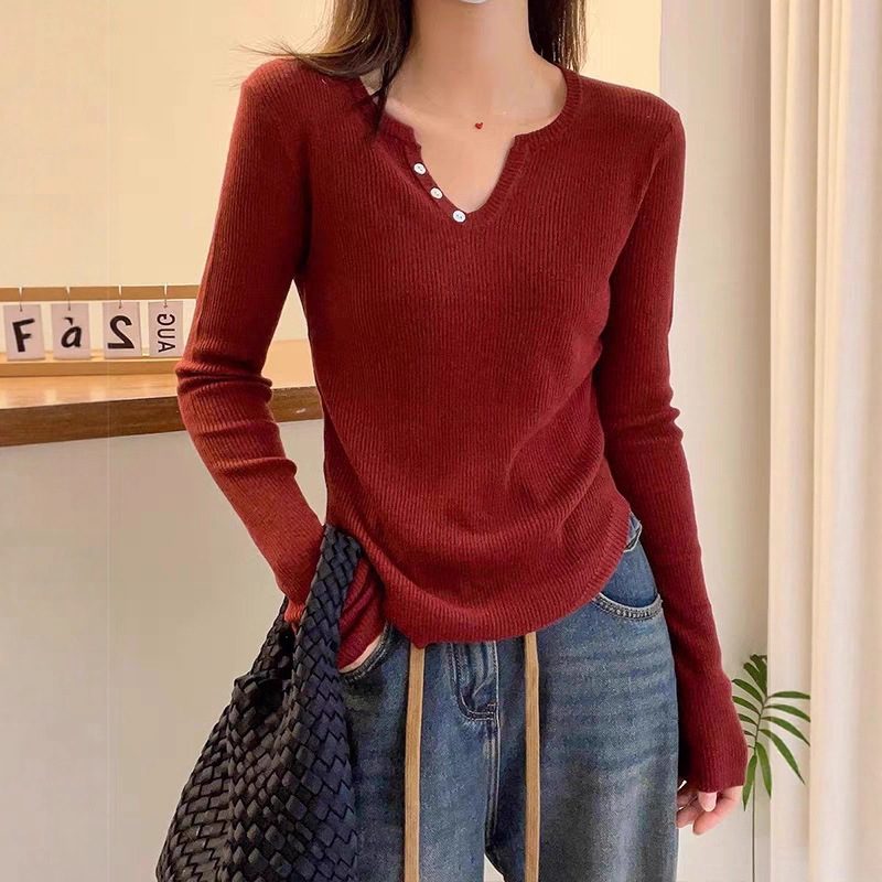 Slimming And Fashionable Bottoming Shirt V-neck Western Style