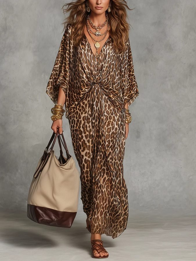 European And American Cross-Border Foreign Trade Independent Site Leopard Print V-Neck Waist-Cinching Plus Size Long Dress For Women