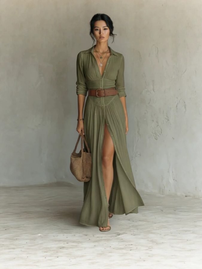 Women's European And American Collar Long-sleeved Shirt-style Dress, Gathered High-waist Split Long-line Vacation Dress With Belt