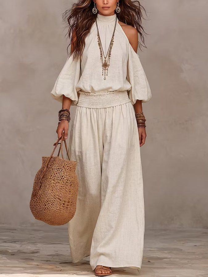 Summer New European And American Cross-border Amazon Fashion Leisure Round-neck Loose Long-sleeved Hollow Top Long Pants Set